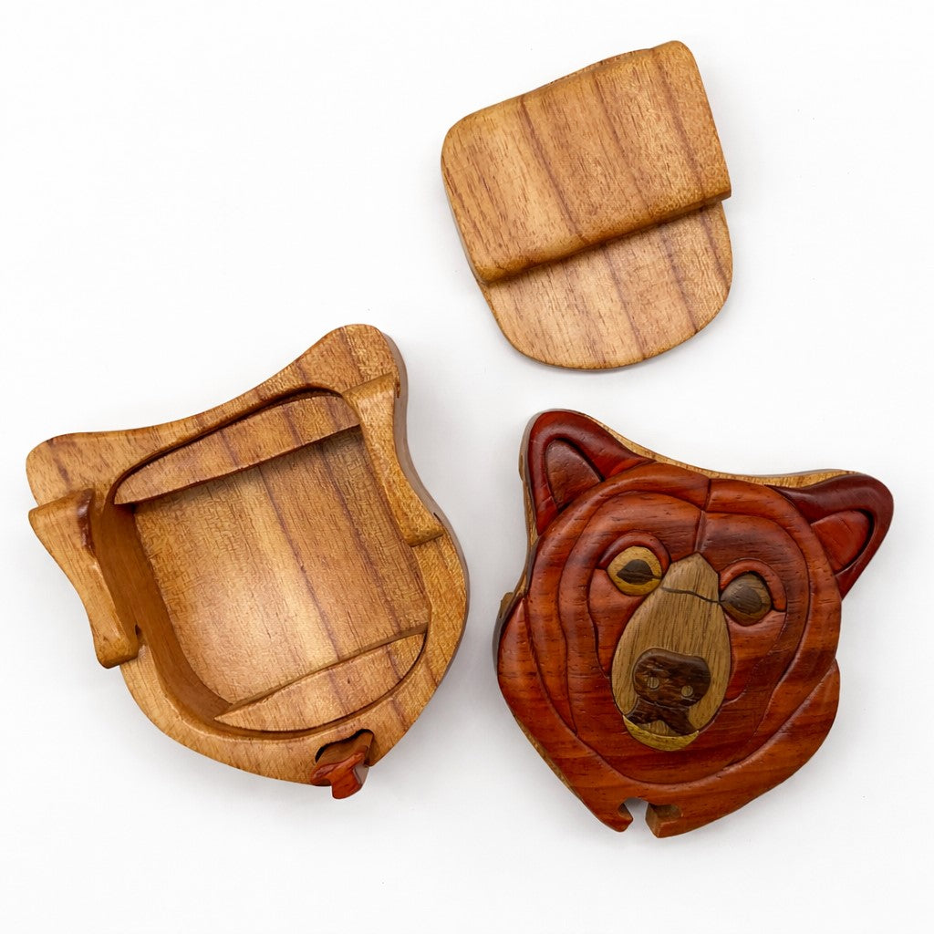 Natural Wood Intarsia Puzzle Box Bear