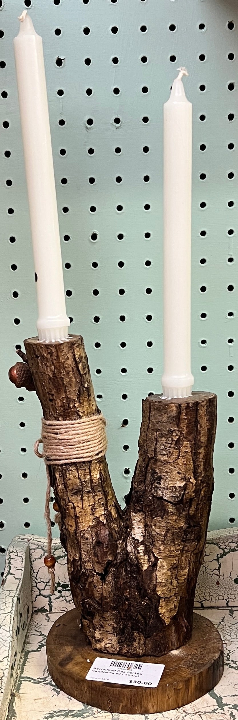 Reclaimed Oak Forked Candelabra w/ Candles