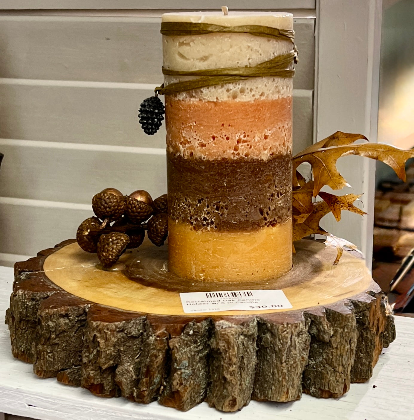 Reclaimed Oak Candle Holder with 6 inch Candle