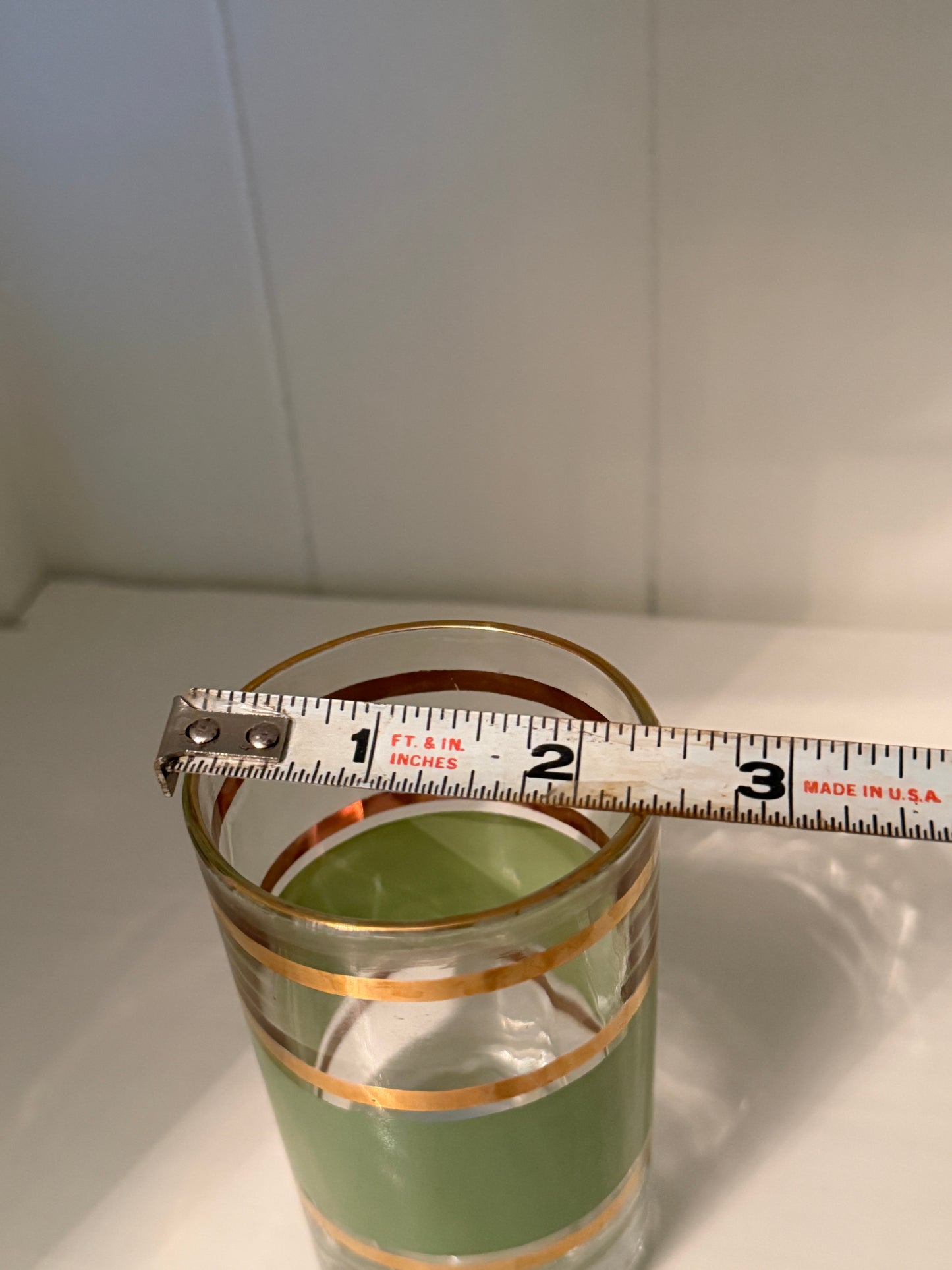 Vintage celadon green and gold banded glass Taylor, Smith & Taylor 3.5" H x 2.25" W