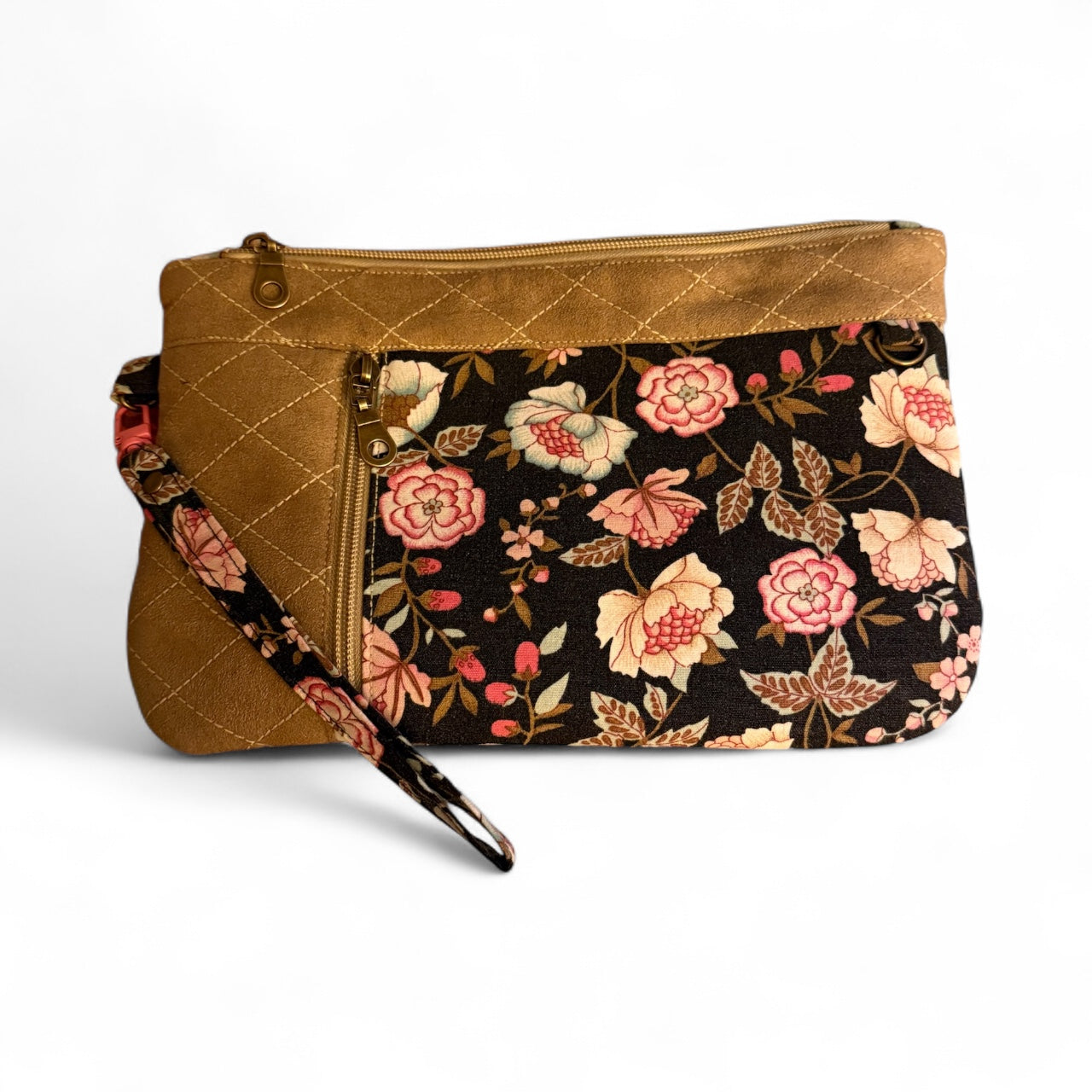 Convertible Clutch Bag Tan Suede & Black Floral