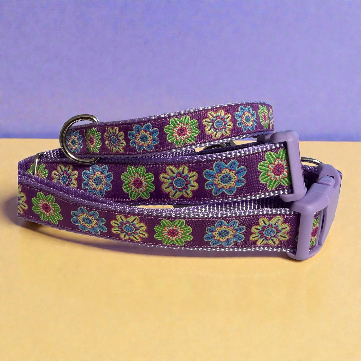 Purple with Large Colorful Flowers Dog Collar Winni&Me Woofwear. MED 13-18 IN