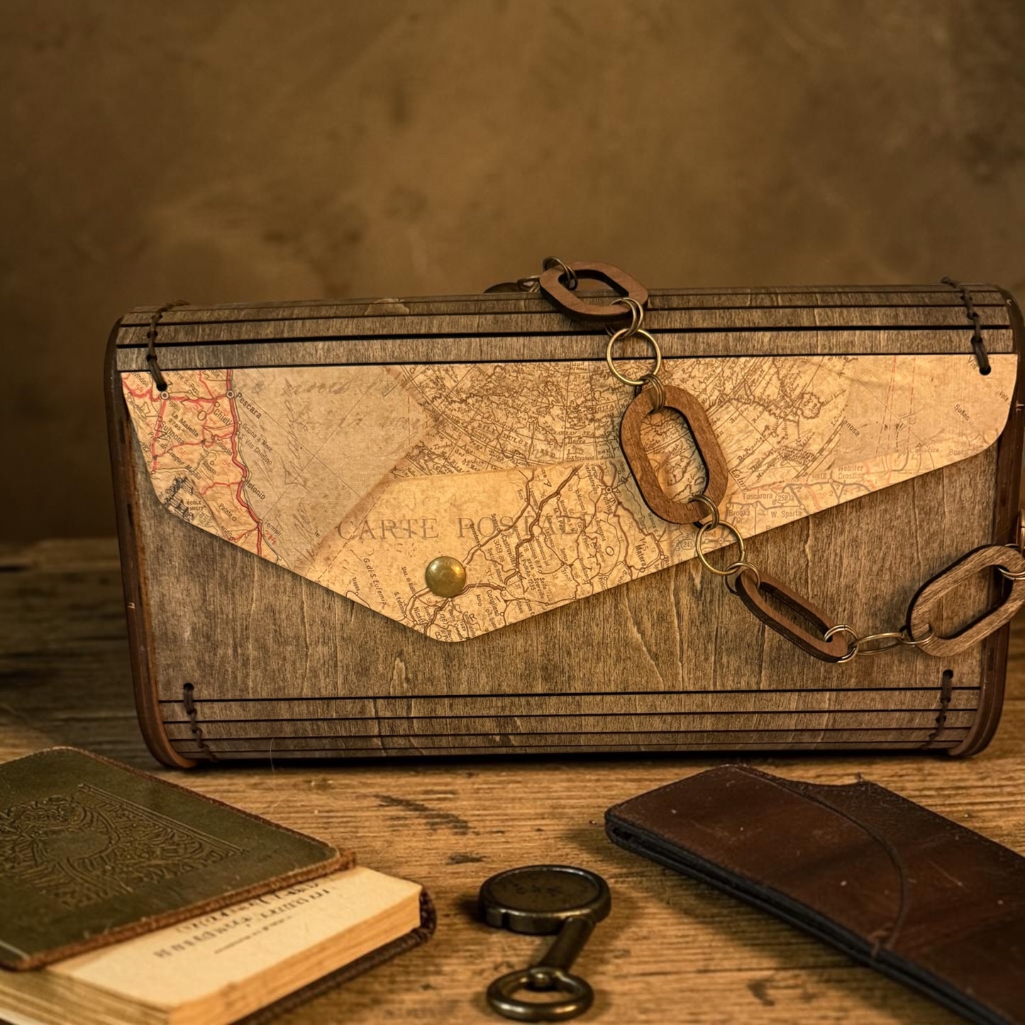 Wood Clutch Vintage Maps