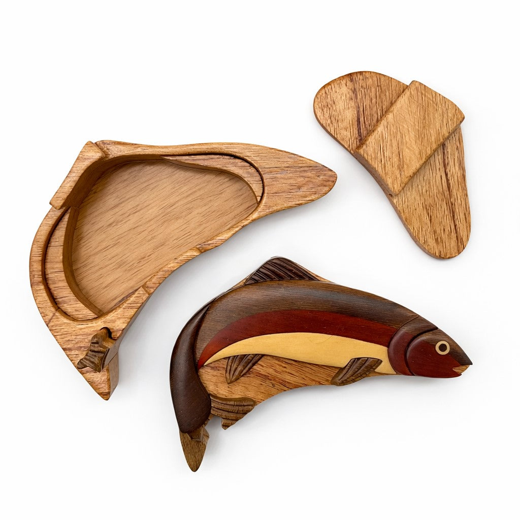 Natural Wood Intarsia Puzzle Box Trout