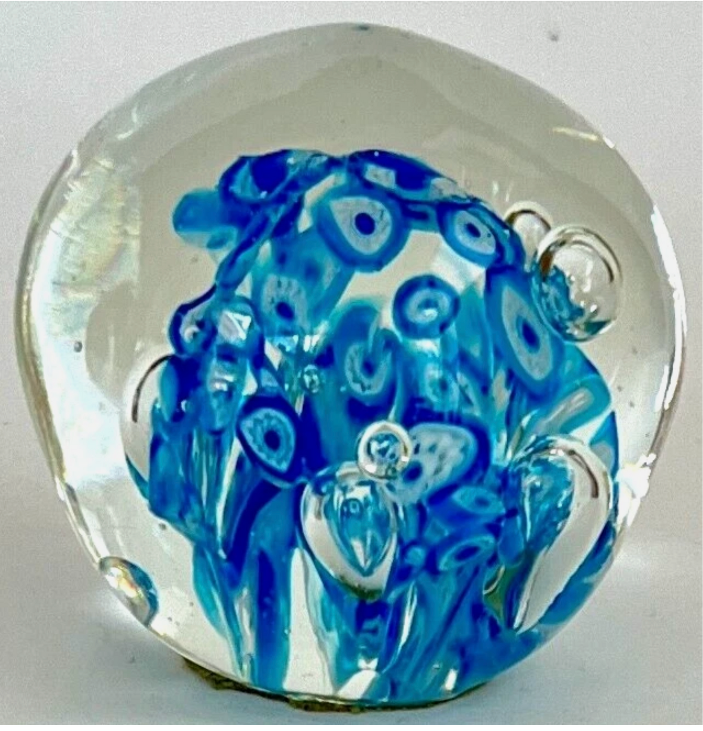 Vintage Art Glass Paperweight Round Blue & White Abstract Bubbles