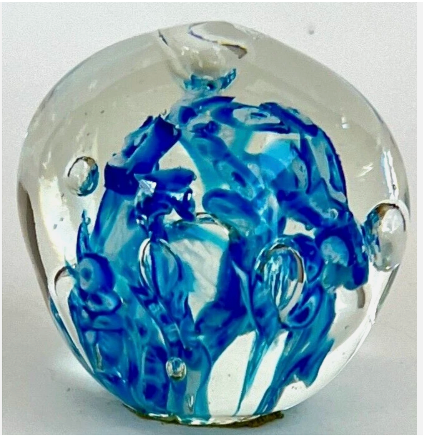 Vintage Art Glass Paperweight Round Blue & White Abstract Bubbles
