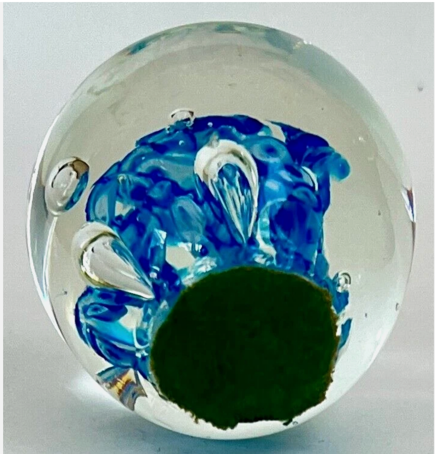 Vintage Art Glass Paperweight Round Blue & White Abstract Bubbles