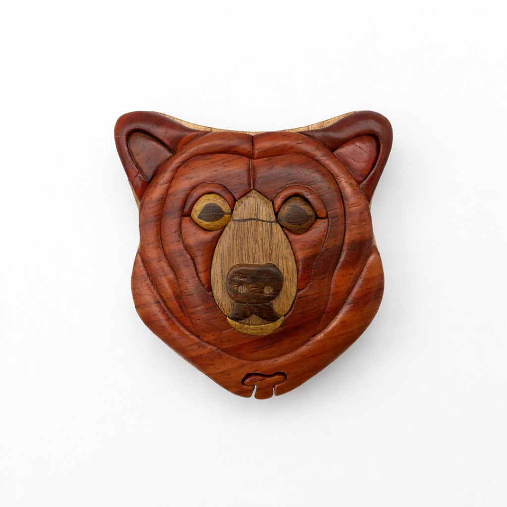 Natural Wood Intarsia Puzzle Box Bear