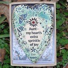 Ceramic Heart - Aunt by Clay Fossils Approx. 3" in length