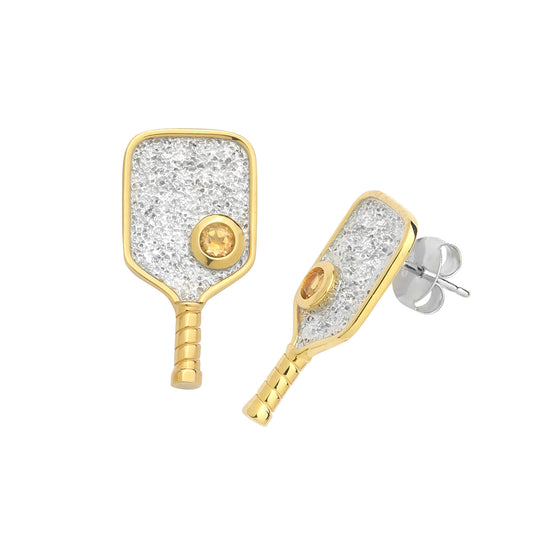 Earrings-Sterling Silver Two Tone Rhodium and Gold-Plated Pickleball Paddle Bezel Set Citrine Gemstone
