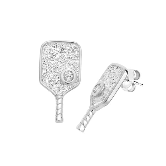 Earrings-Sterling Silver Two Tone Rhodium and Gold-Plated Pickleball Paddle Genuine White Topaz