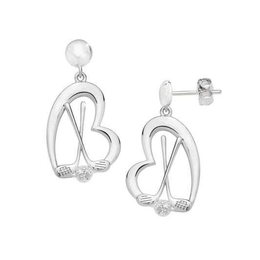 Earrings-Sterling Silver Golf Clubs and Heart .030 Carat Lab Grown Diamond