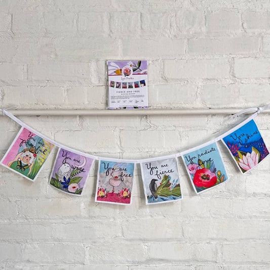 Cloth Banner - Fierce and Free Happiness Through Art About 5' long.  Each Flag 5" x 5.5"