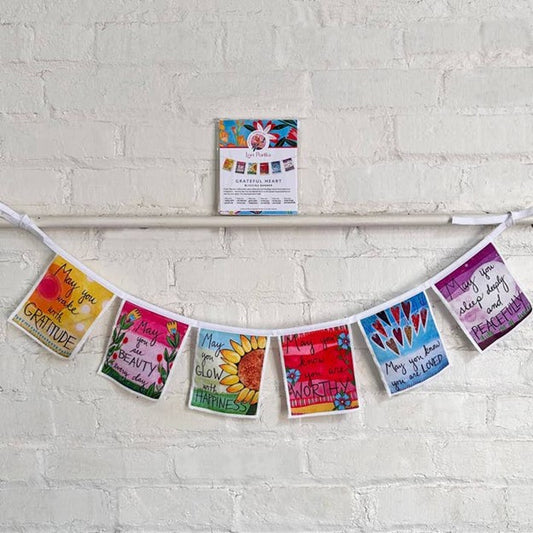 Cloth Banner - Grateful Heart Happiness Through Art About 5' long.  Each Flag 5" x 5.5"