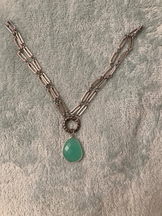 20” Stainless Steel Paperclip Necklace with Chalcedony Pendant Bellajules