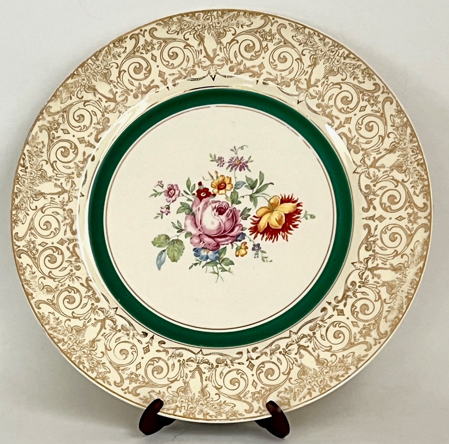 1930s Edwin Knowles China Floral Dinner Plate Semi Vitreous Gold Filigree