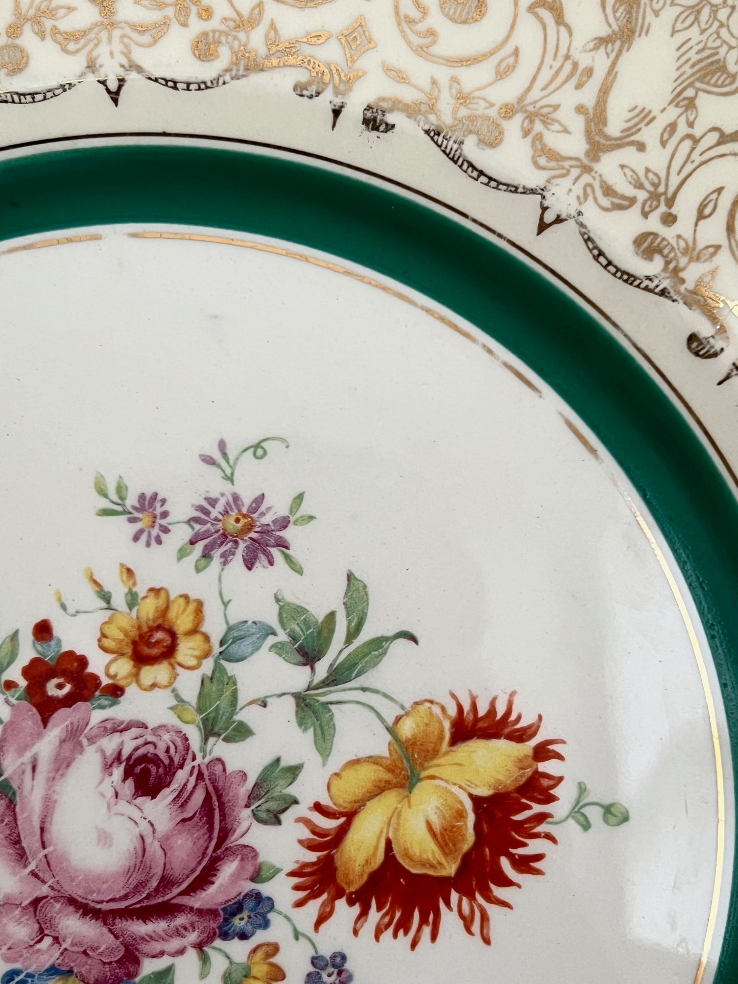 1930s Edwin Knowles China Floral Dinner Plate Semi Vitreous Gold Filigree