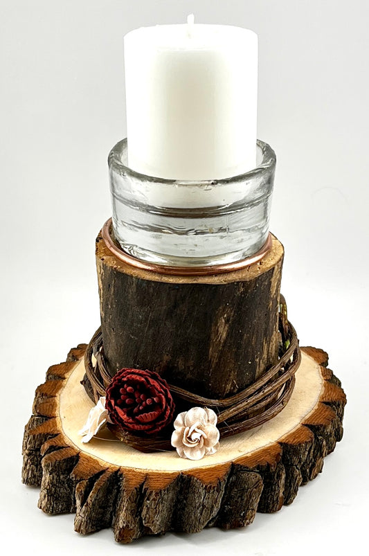 Rustic Sourwood & Glass Candle Holder with Candle