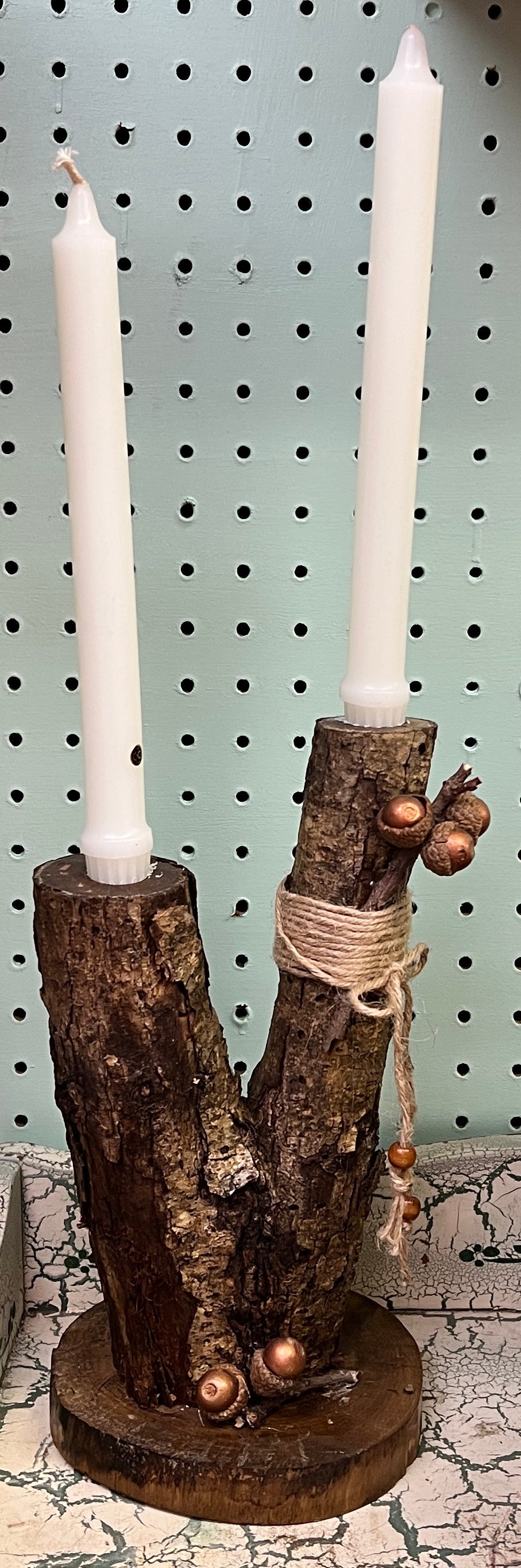 Reclaimed Oak Forked Candelabra w/ Candles