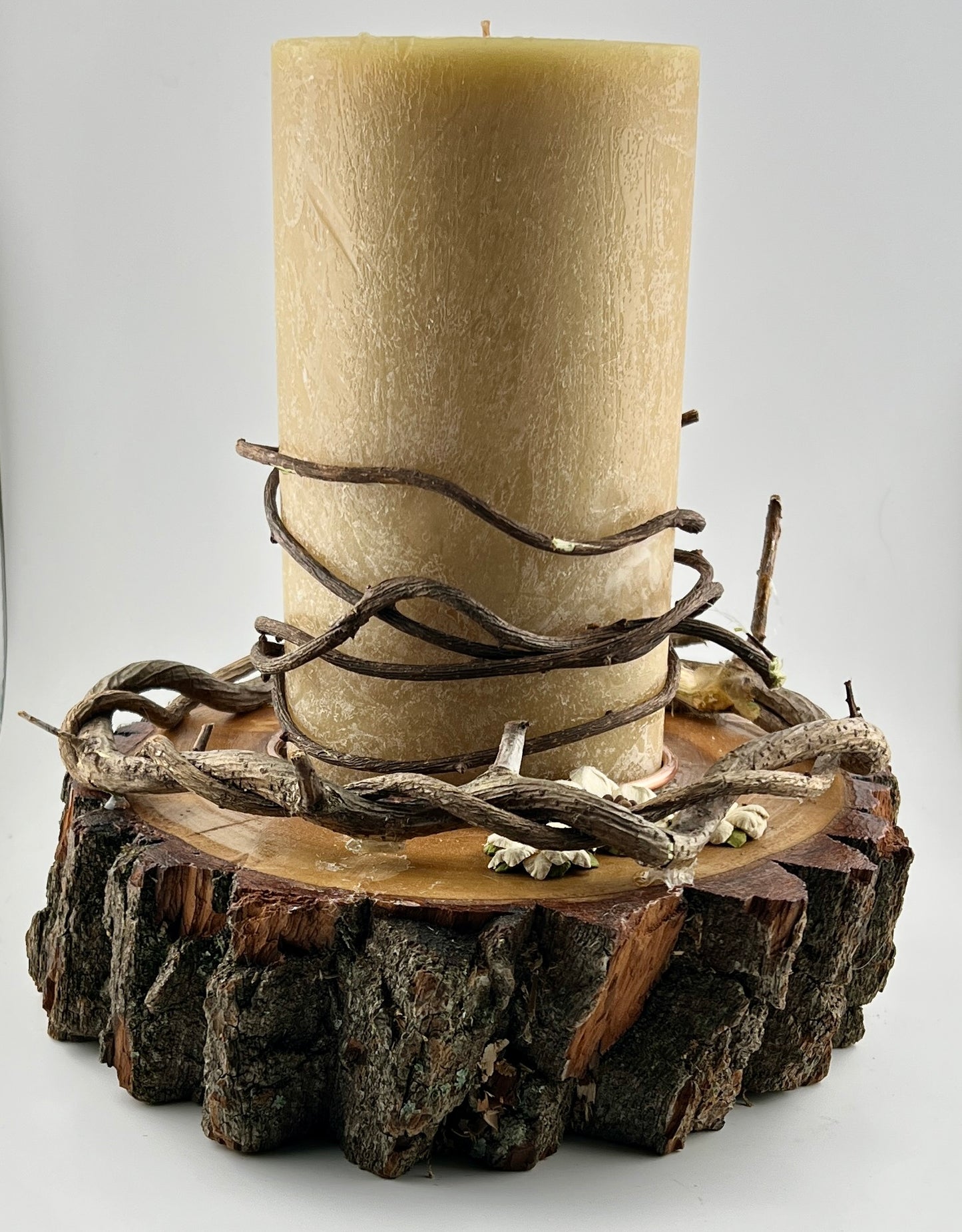 Rustic Sourwood Candle Holder with Vine Wrapped 7 inch Candle