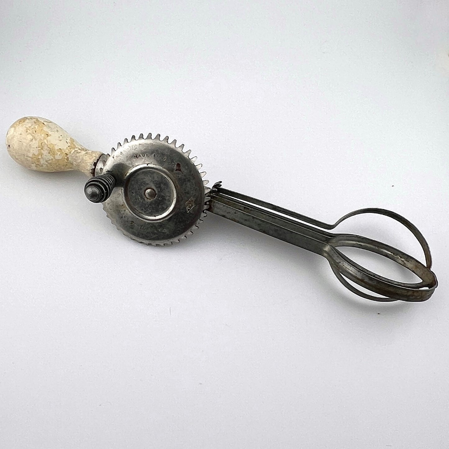 Antique A&J 1923 Hand Mixer Egg Beater White Wood Handle