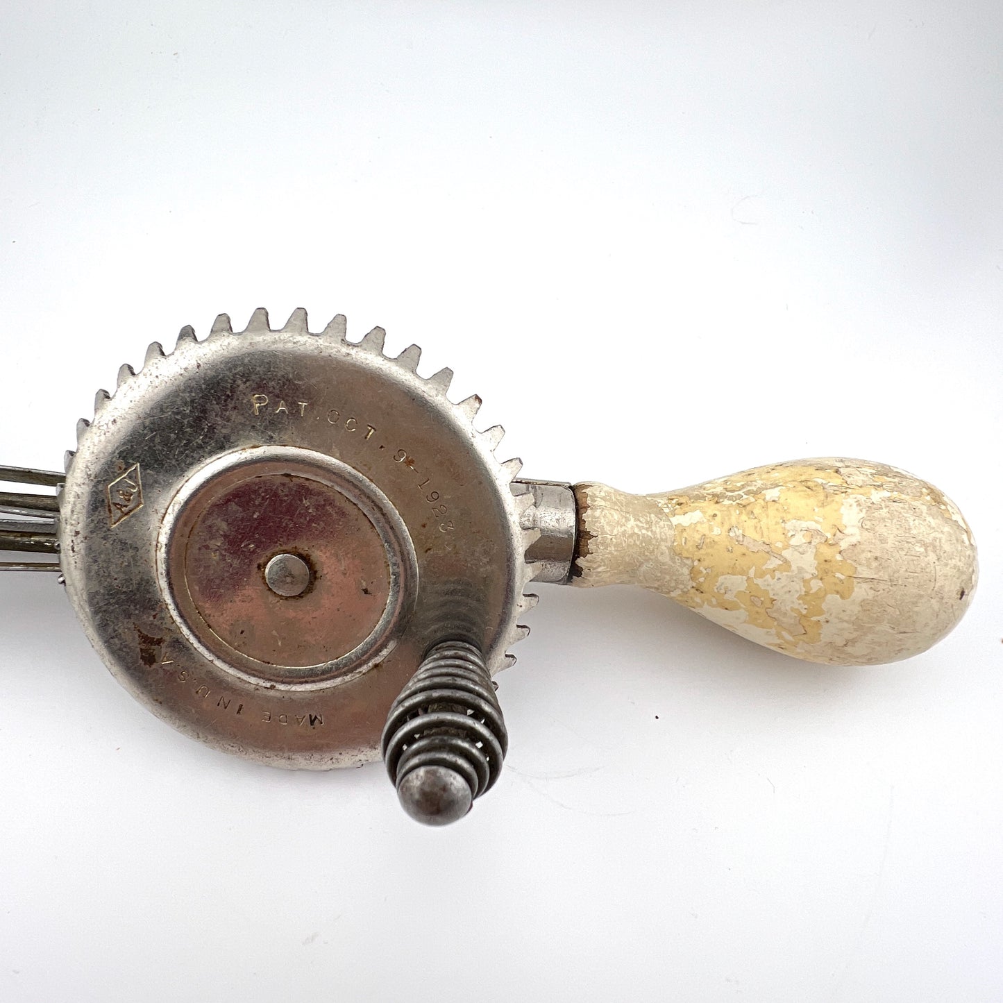 Antique A&J 1923 Hand Mixer Egg Beater White Wood Handle