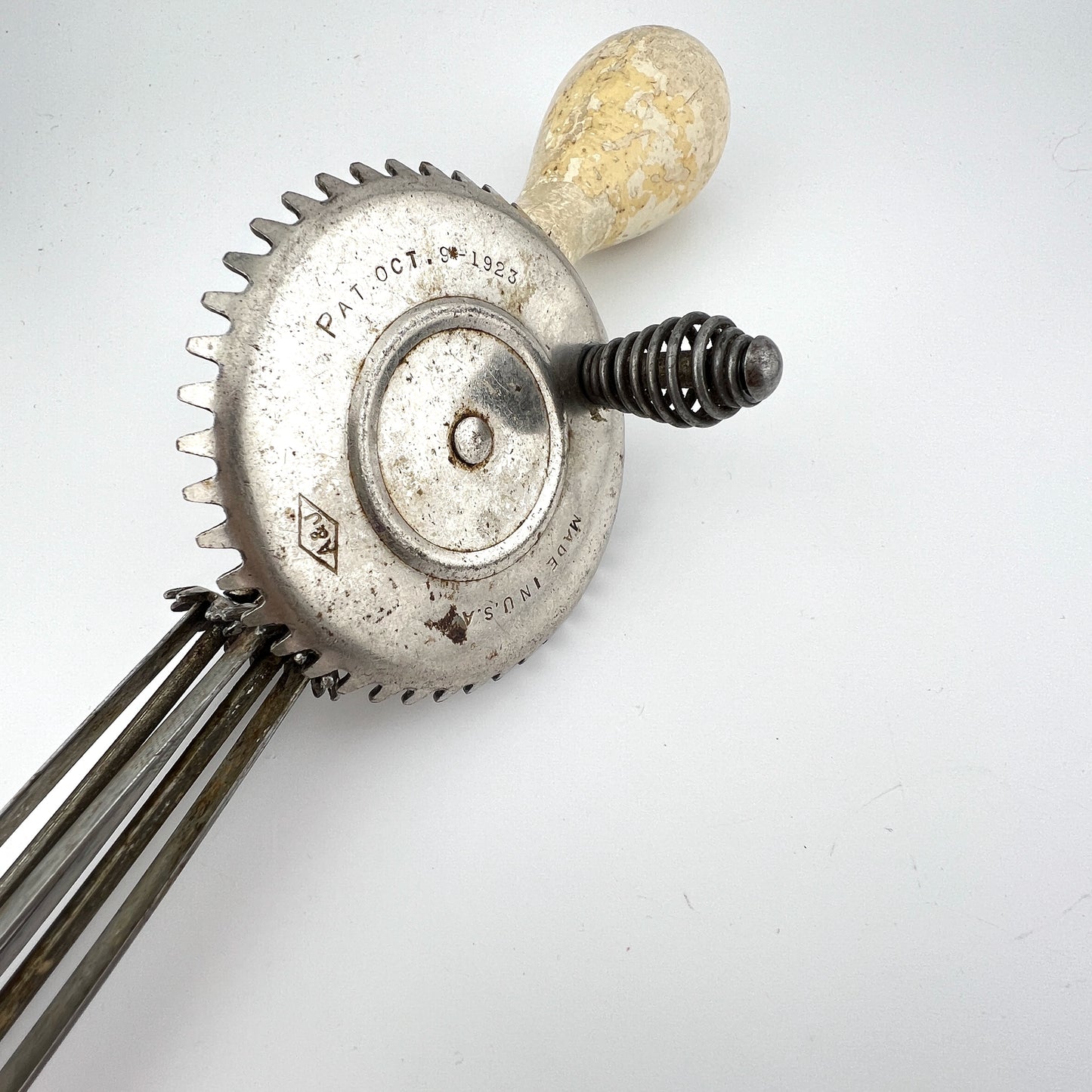 Antique A&J 1923 Hand Mixer Egg Beater White Wood Handle