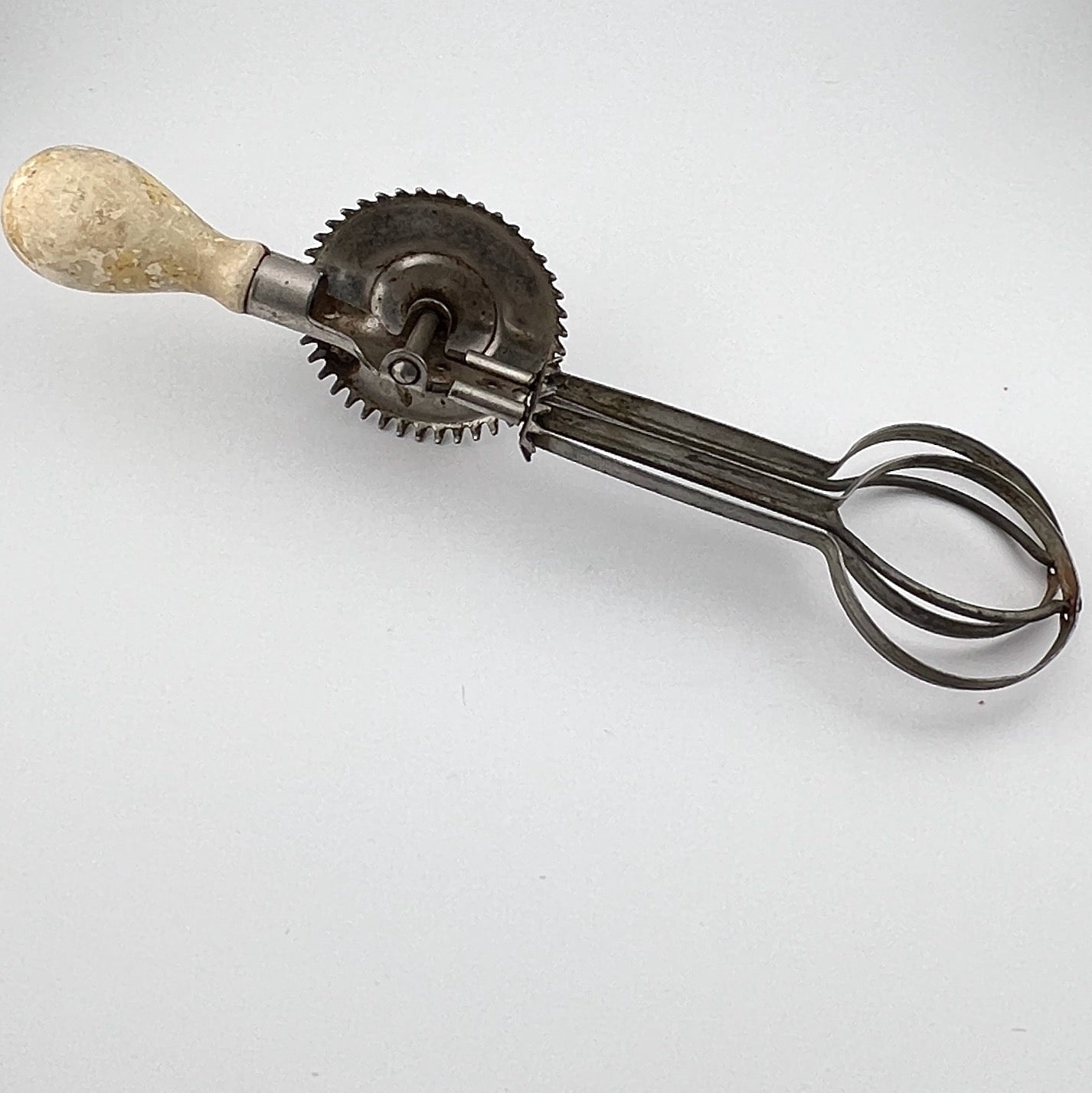 Antique A&J 1923 Hand Mixer Egg Beater White Wood Handle