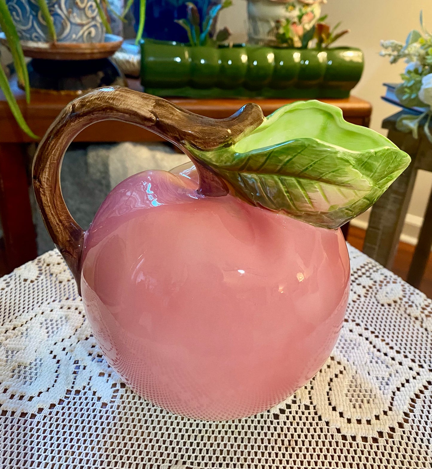 Vtg Pottery Barn Peach Shaped Ceramic Pitcher   6”