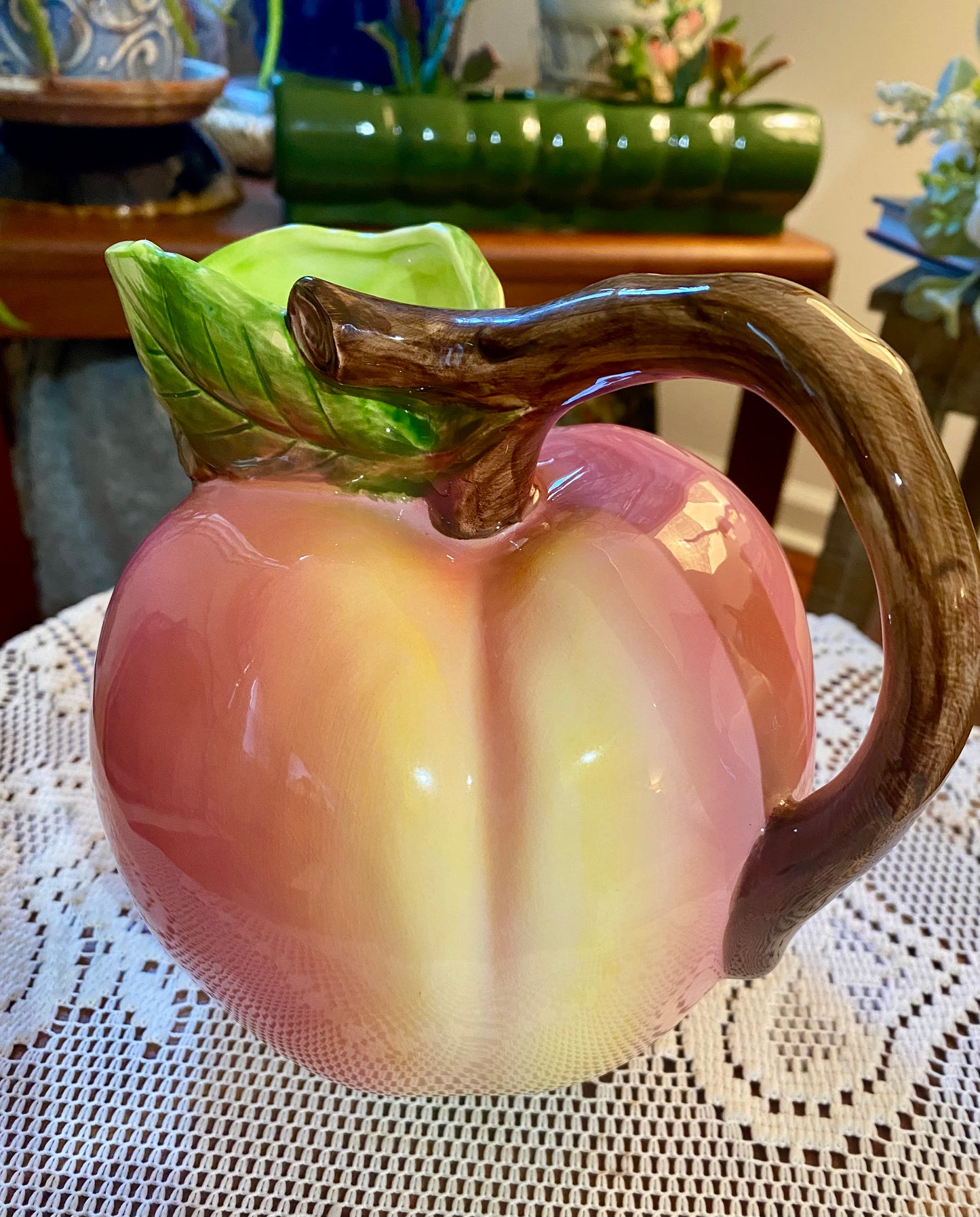 Vtg Pottery Barn Peach Shaped Ceramic Pitcher   6”