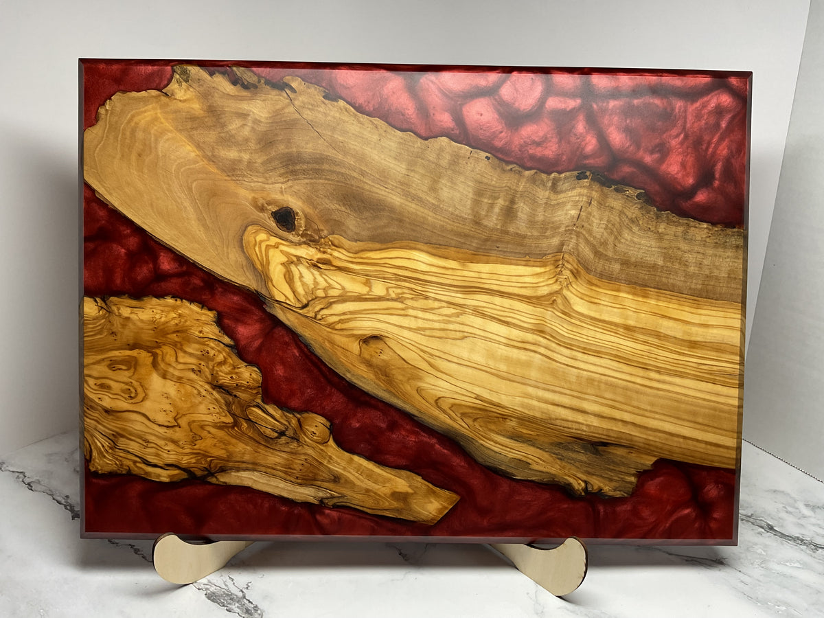 Artfully Crafted Resin Charcuterie Board – One-of-a-Kind Olive wood with Candy Red Resin  Serving Board