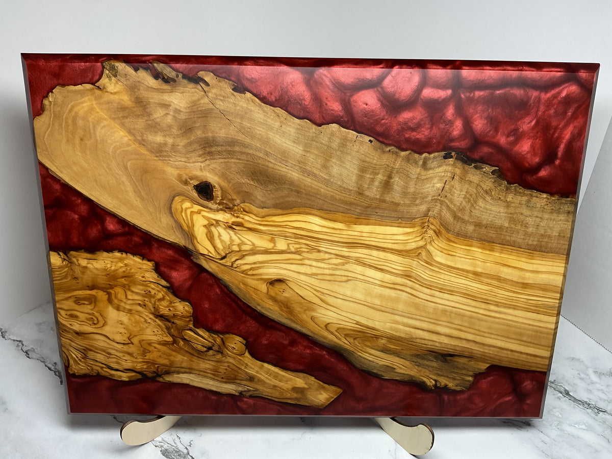 Artfully Crafted Resin Charcuterie Board – One-of-a-Kind Olive wood with Candy Red Resin  Serving Board