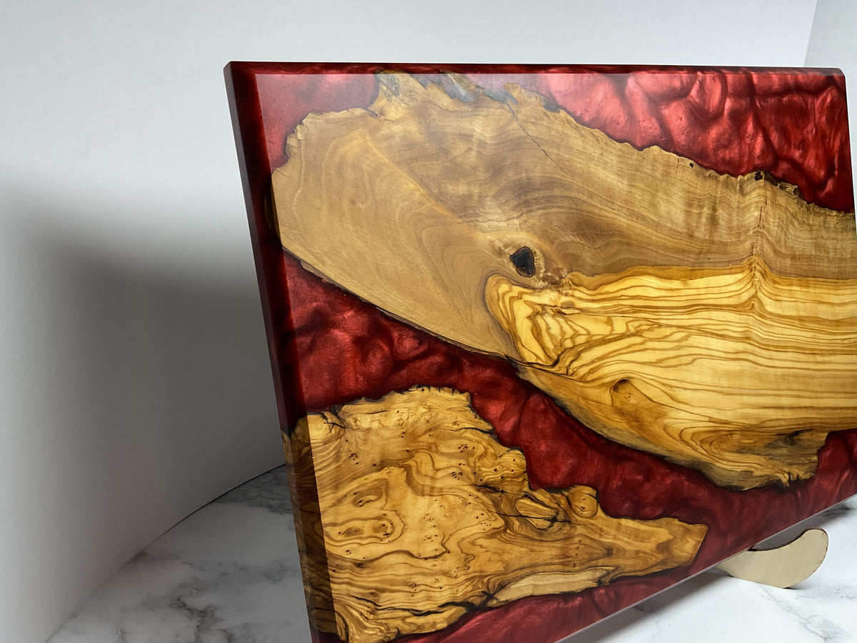 Artfully Crafted Resin Charcuterie Board – One-of-a-Kind Olive wood with Candy Red Resin  Serving Board