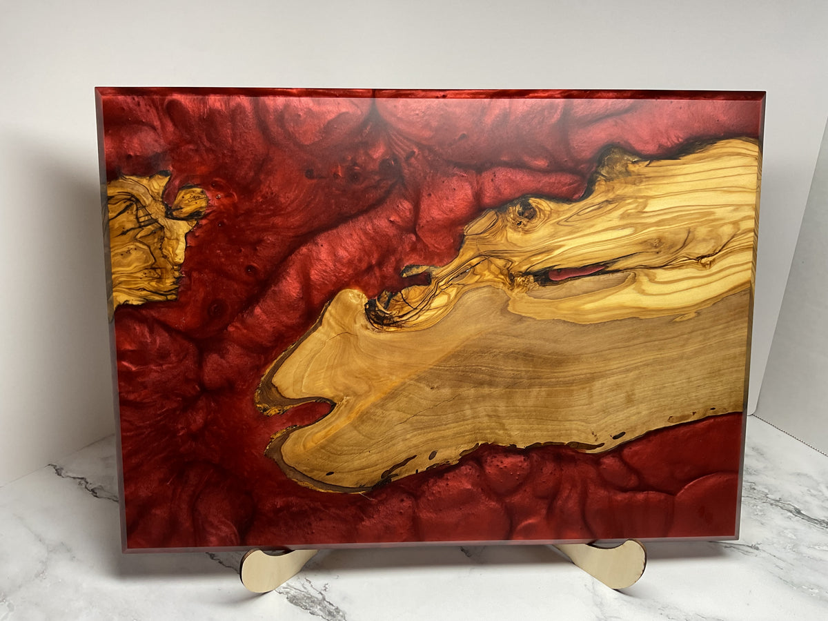 Artfully Crafted Resin Charcuterie Board – One-of-a-Kind Olive wood with Candy Red Resin  Serving Board