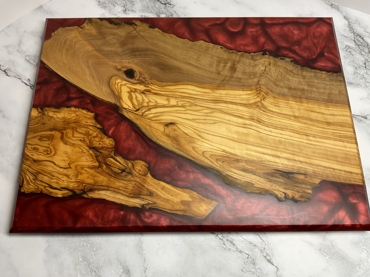 Artfully Crafted Resin Charcuterie Board – One-of-a-Kind Olive wood with Candy Red Resin  Serving Board