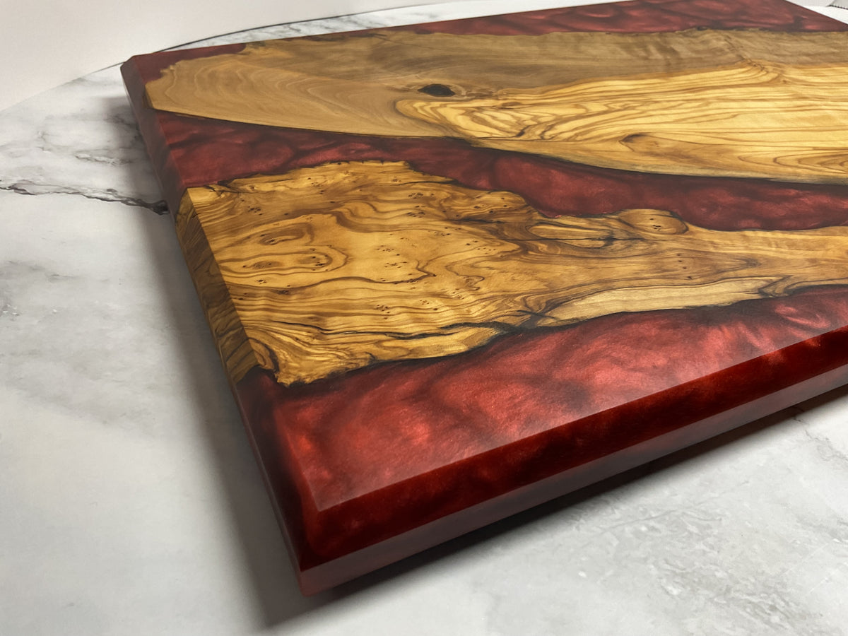 Artfully Crafted Resin Charcuterie Board – One-of-a-Kind Olive wood with Candy Red Resin  Serving Board