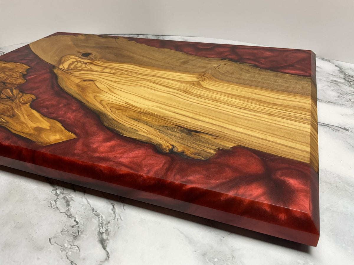 Artfully Crafted Resin Charcuterie Board – One-of-a-Kind Olive wood with Candy Red Resin  Serving Board
