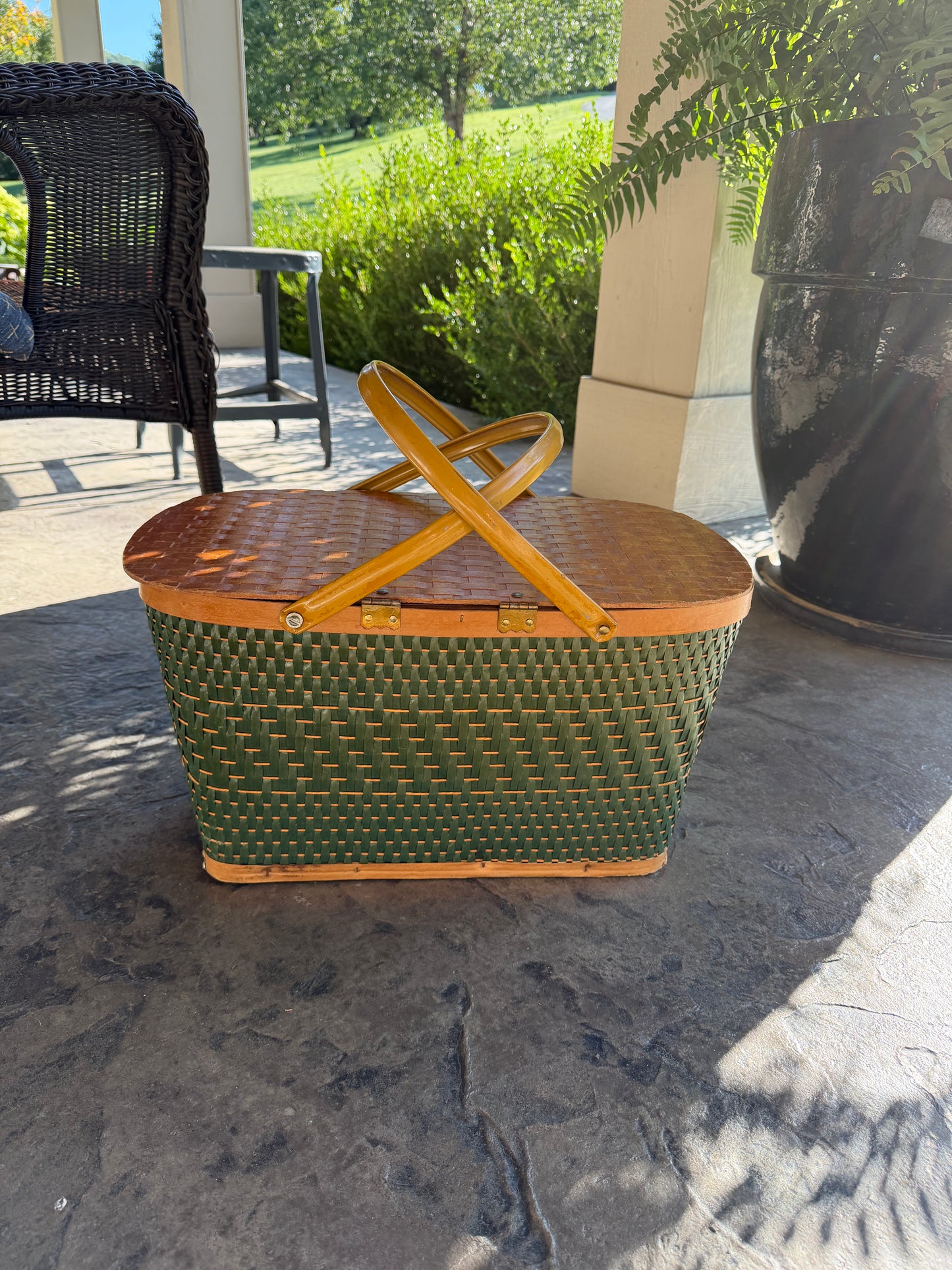 Vintage Green Woven Picnic Basket