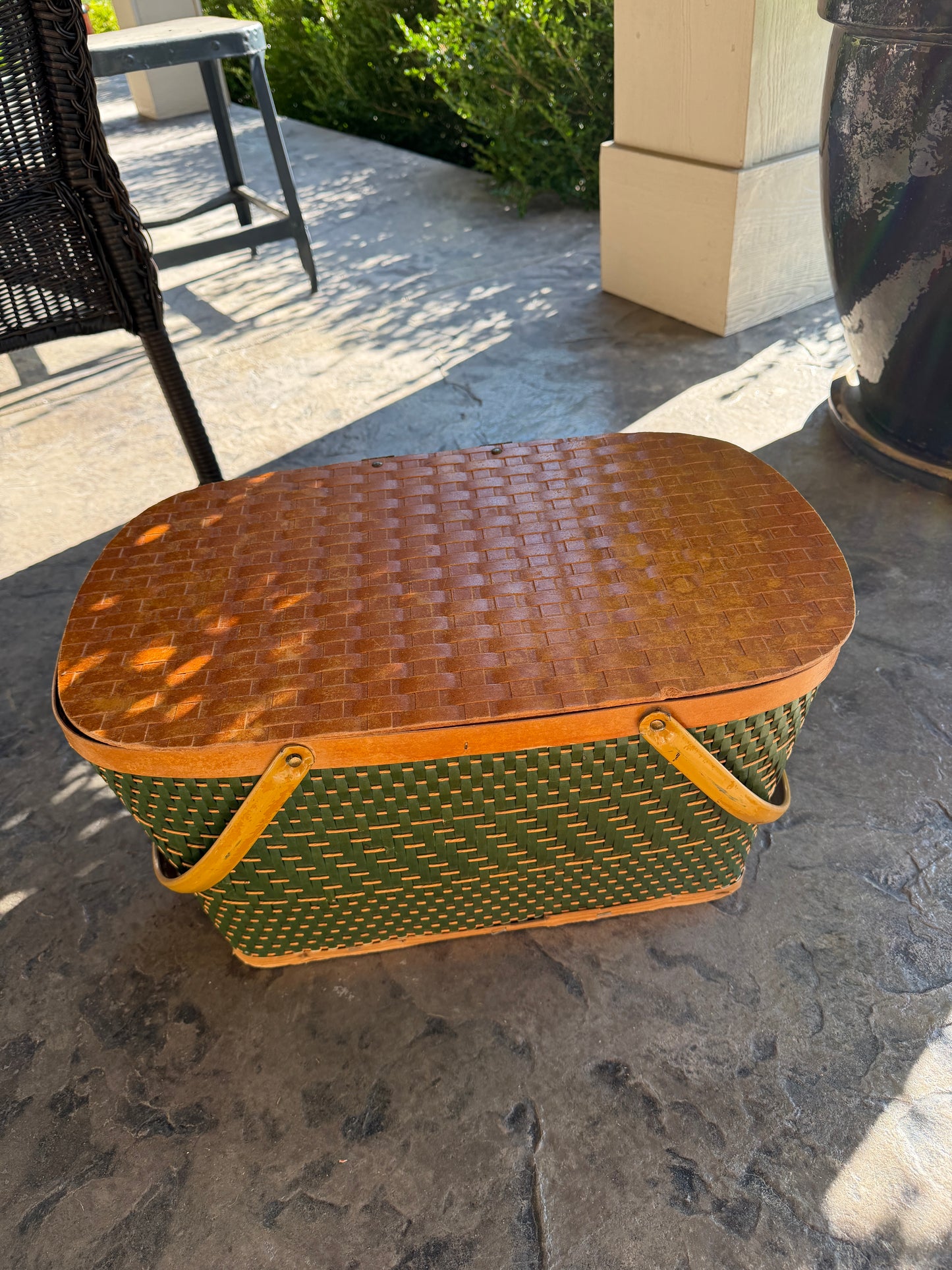 Vintage Green Woven Picnic Basket
