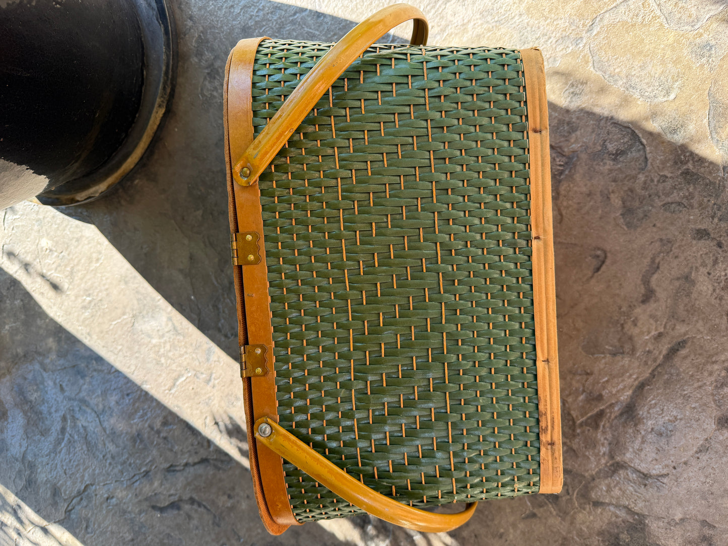 Vintage Green Woven Picnic Basket