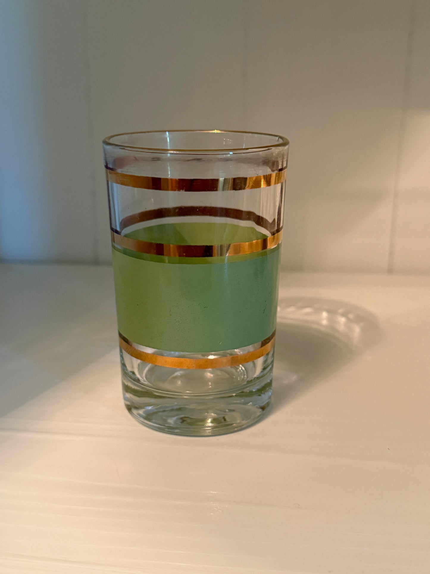 Vintage celadon green and gold banded glass Taylor, Smith & Taylor 3.5" H x 2.25" W