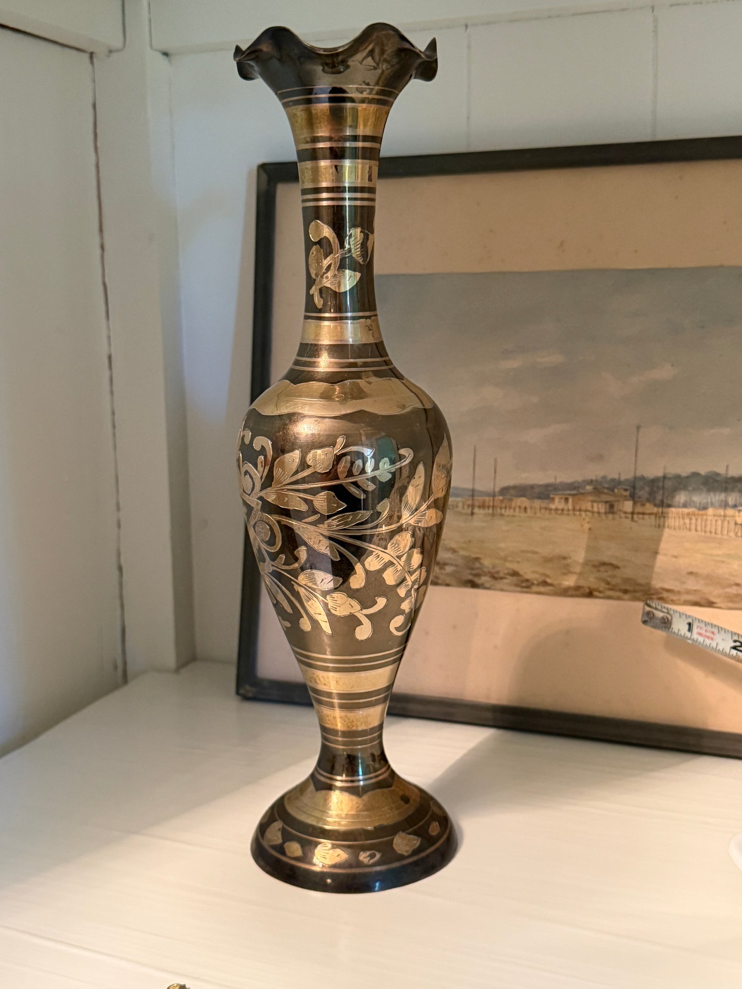 Bidriware (etched brass vase) Taylor, Smith & Taylor 11.75" tall, 3" diameter at base