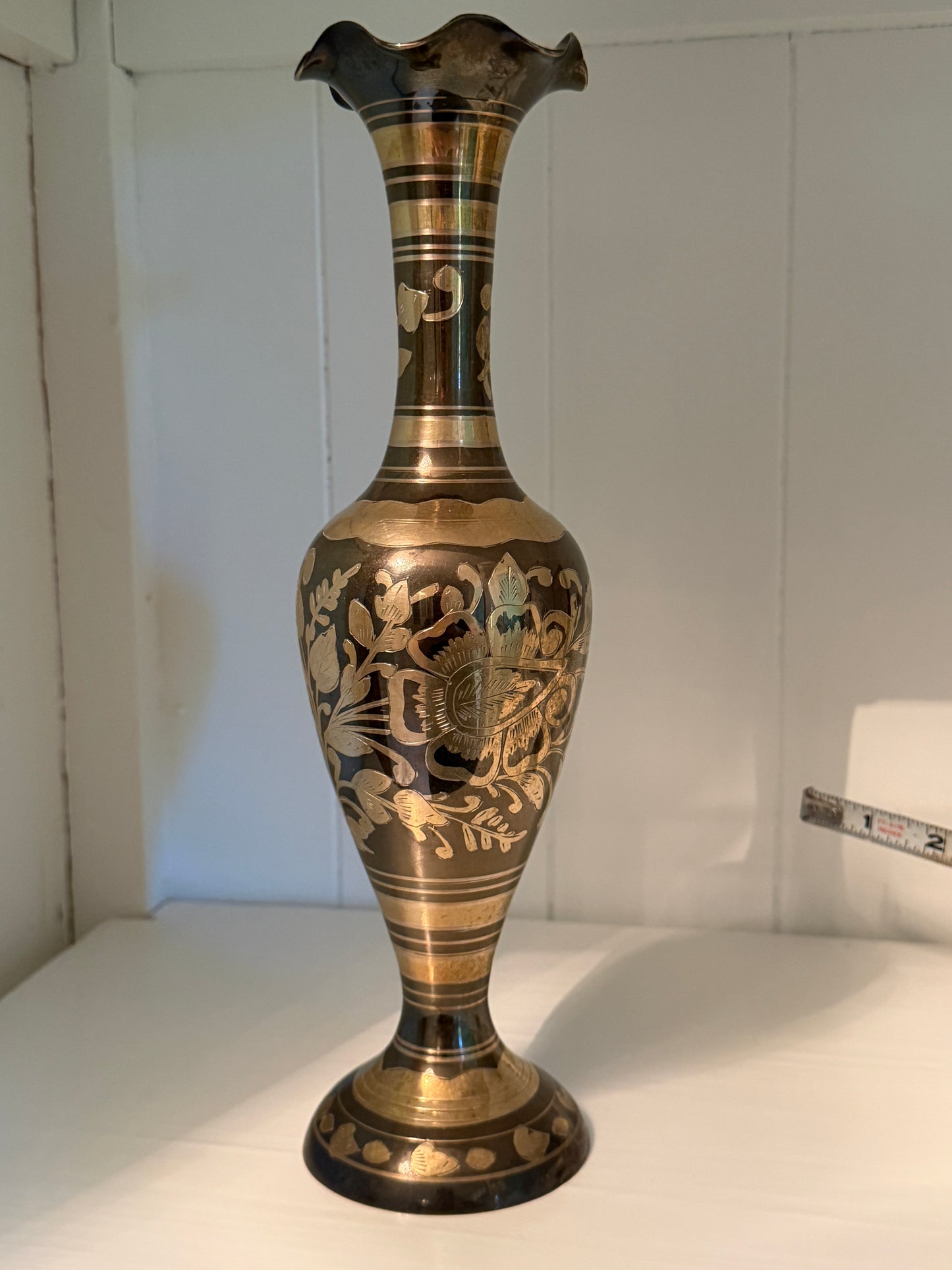 Bidriware (etched brass vase) Taylor, Smith & Taylor 11.75" tall, 3" diameter at base