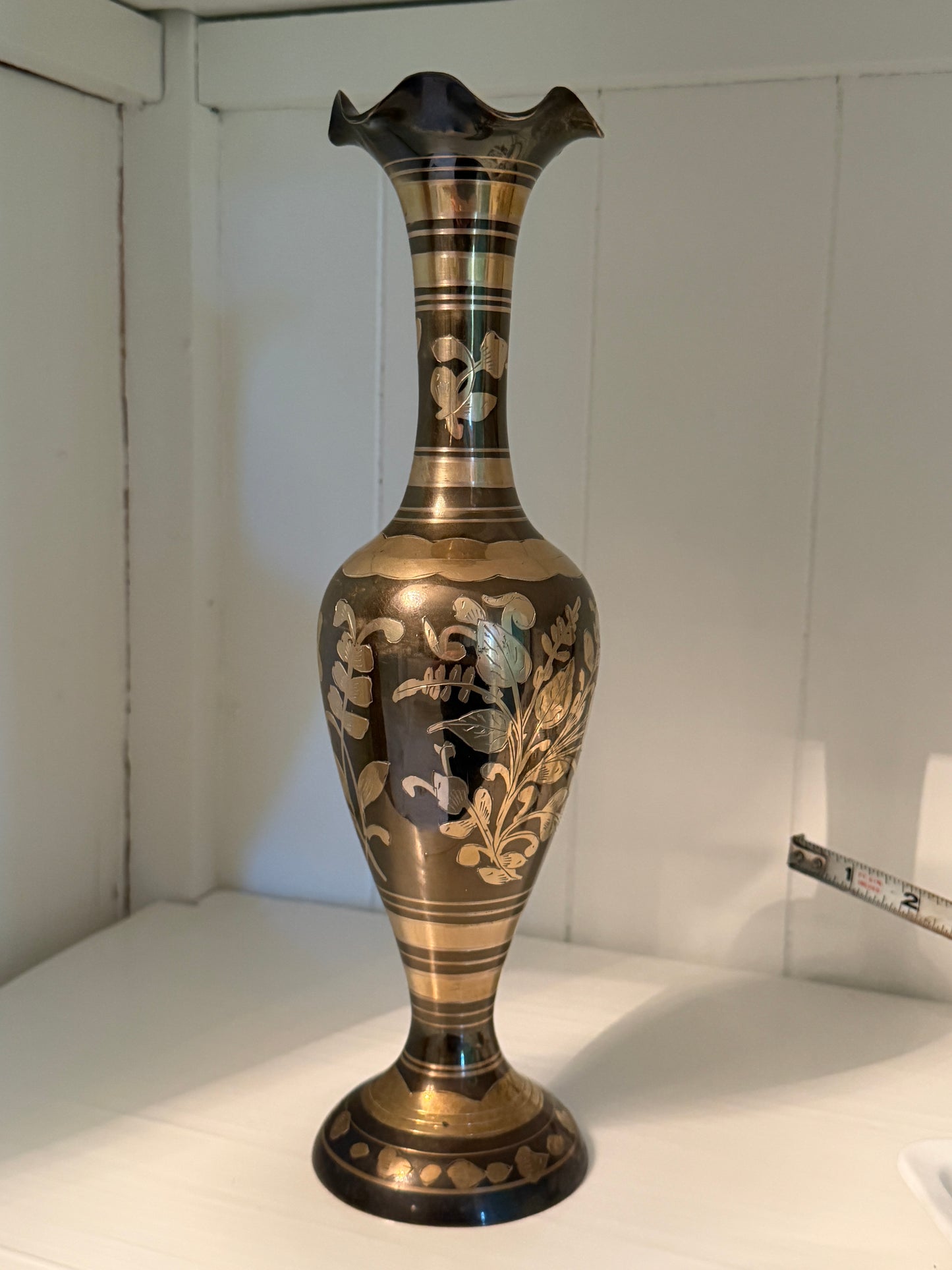 Bidriware (etched brass vase) Taylor, Smith & Taylor 11.75" tall, 3" diameter at base