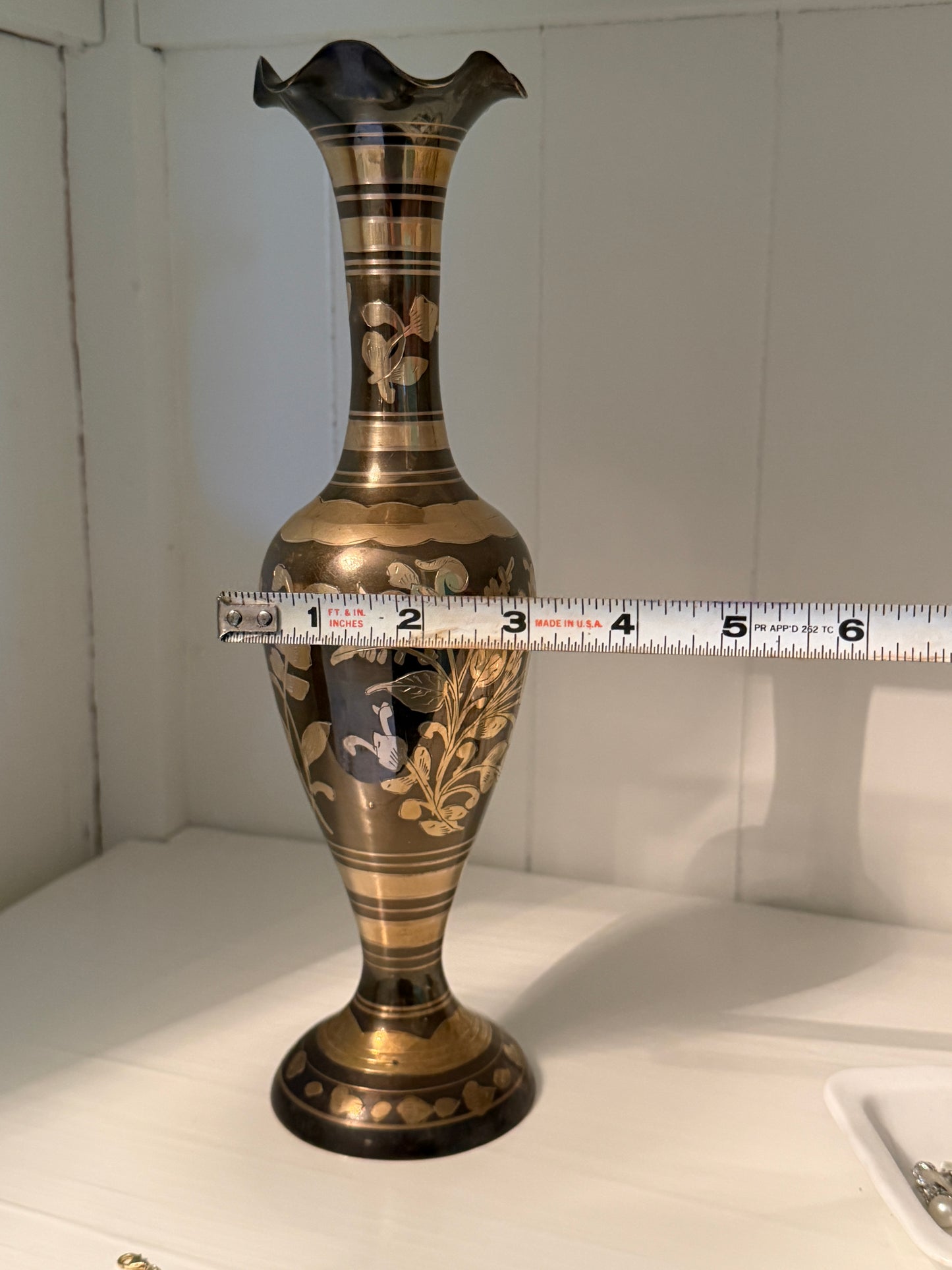 Bidriware (etched brass vase) Taylor, Smith & Taylor 11.75" tall, 3" diameter at base
