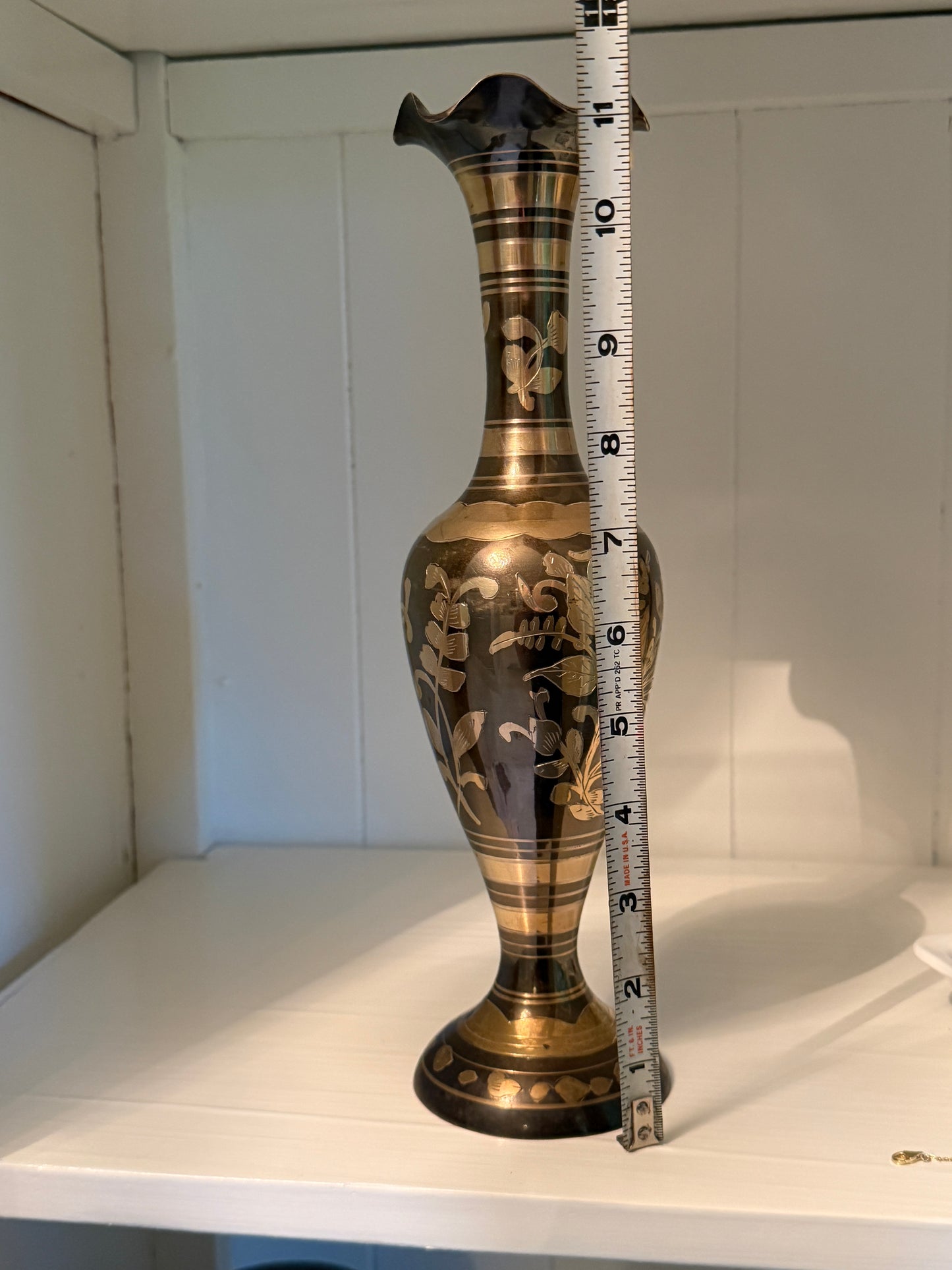 Bidriware (etched brass vase) Taylor, Smith & Taylor 11.75" tall, 3" diameter at base