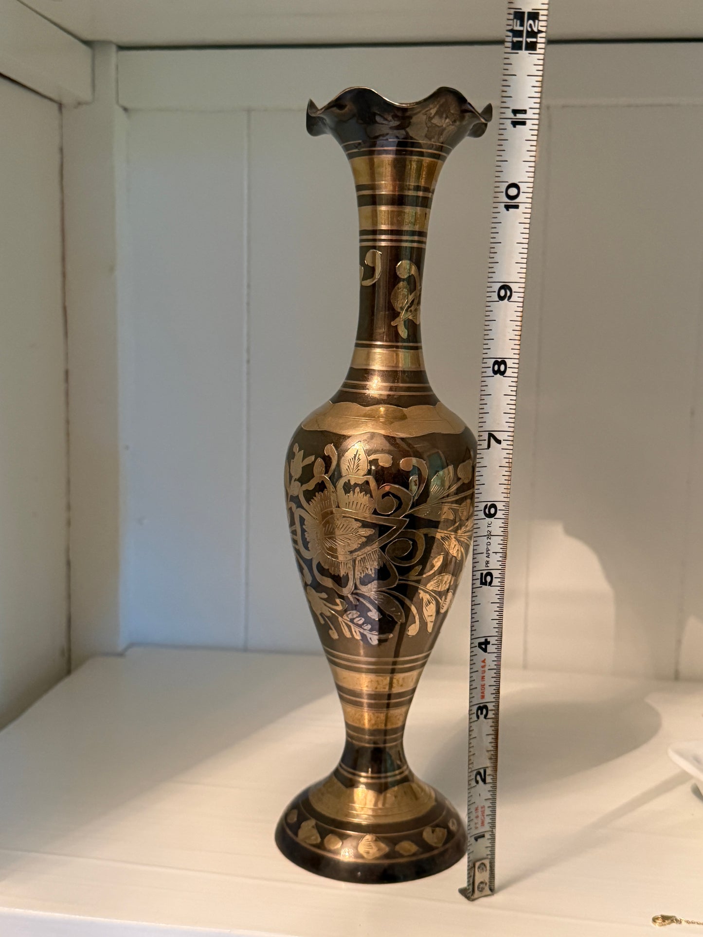 Bidriware (etched brass vase) Taylor, Smith & Taylor 11.75" tall, 3" diameter at base