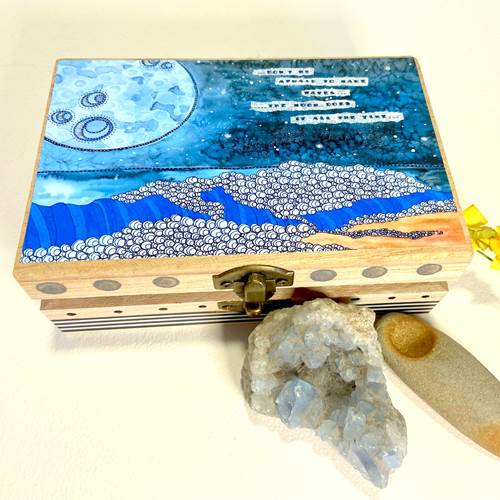 Wood Trinket Box - Moon Waves Geniene Inspirational Art 4" x 6" x about 2" high w/brass hinges