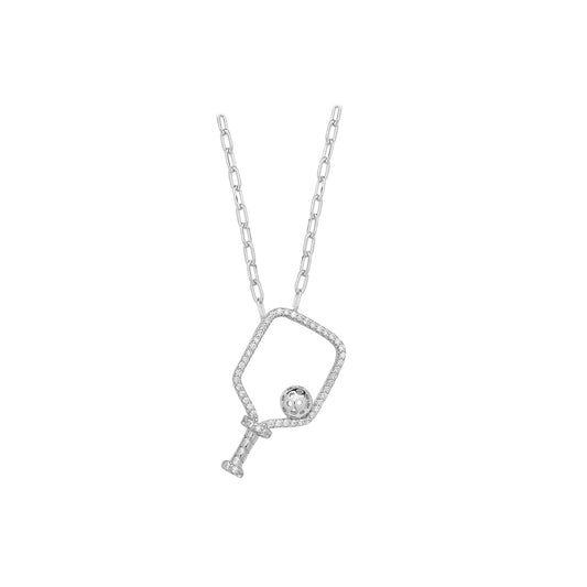 Necklace-Sterling Silver Open Pickleball Paddle with CZ's 16" - 20" All Rhodium Paperclip Necklace