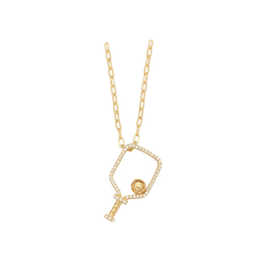 Necklace-Sterling Silver Open Pickleball Paddle with CZ's 16" - 20" Gold-Plated Paperclip Necklace